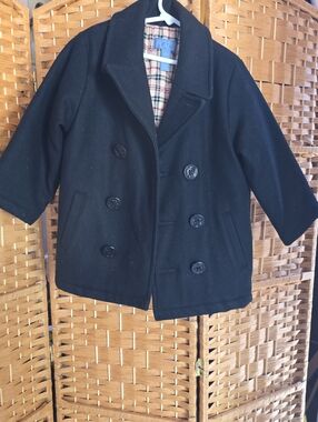 The Children's Place Black Double-Breasted Pea Coat with Plaid Lining